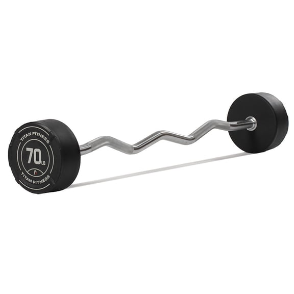 Titan Fitness 70 LB Rubber EZ Curl Fixed Barbell, Pre-Loaded Weight Bar for Strength Training & Weightlifting
