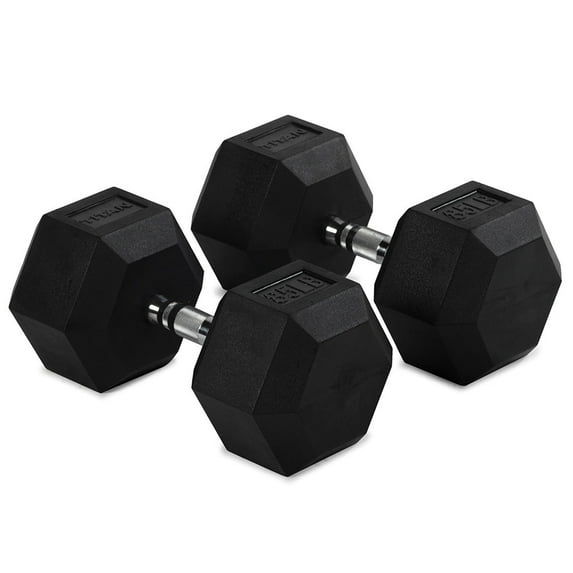 Titan Fitness 85 LB Pair Free Weights, Black Rubber Coated Hex Dumbbell, Ergonomic Cast Iron Handle, Strength Training