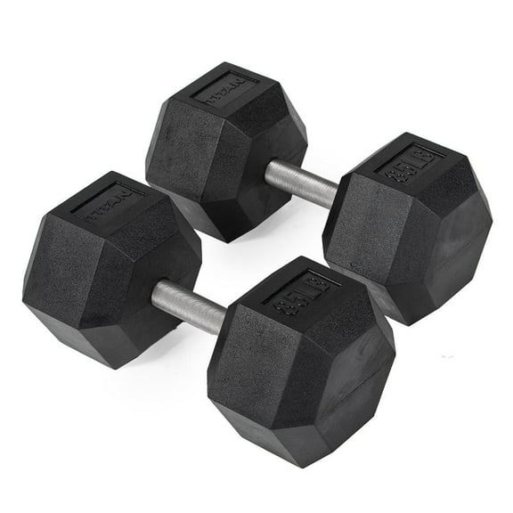Titan Fitness 85 LB Pair Free Weights, Black Rubber Coated Hex Dumbbell, Straight Stainless Steel Handle, Strength Training, Full Body Workout