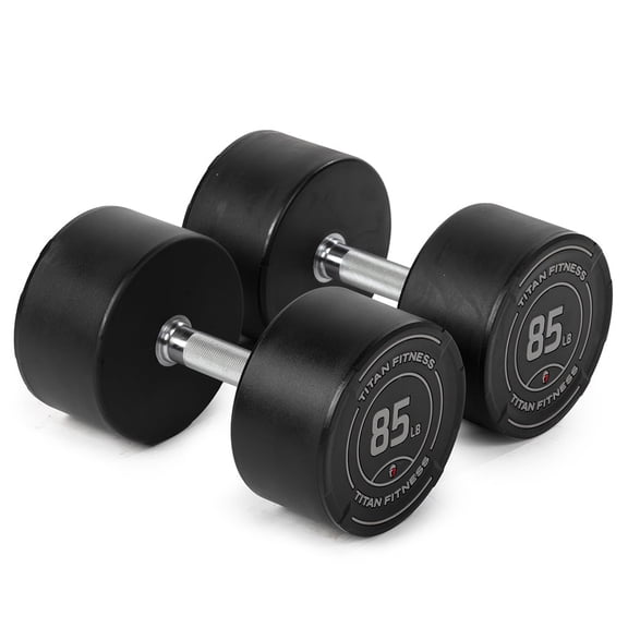 Titan Fitness 85 LB Set Round Urethane Dumbbells, Medium Volcano Knurling, 33mm Grip, Easy-to-Read Weight Indicators, Free Weights for Strength Training