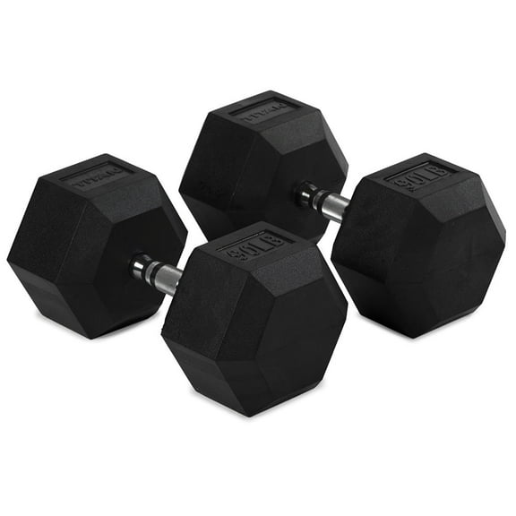 Titan Fitness 90 LB Pair Free Weights, Black Rubber Coated Hex Dumbbell, Ergonomic Cast Iron Handle, Strength Training