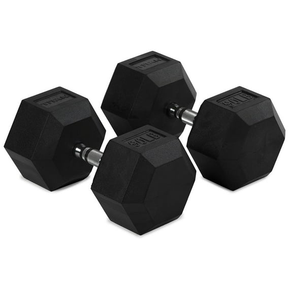 Titan Fitness 90 LB Pair Free Weights, Black Rubber Coated Hex Dumbbell, Ergonomic Cast Iron Handle, Strength Training