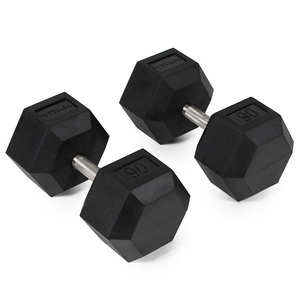 Titan Fitness 90 LB Pair Free Weights, Black Rubber Coated Hex Dumbbell, Straight Stainless Steel Handle, Strength Training, Full Body Workout