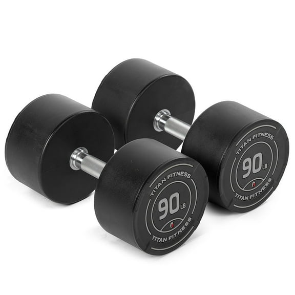 Titan Fitness 90 LB Set Round Urethane Dumbbells, Medium Volcano Knurling, 33mm Grip, Easy-to-Read Weight Indicators, Free Weights for Strength Training