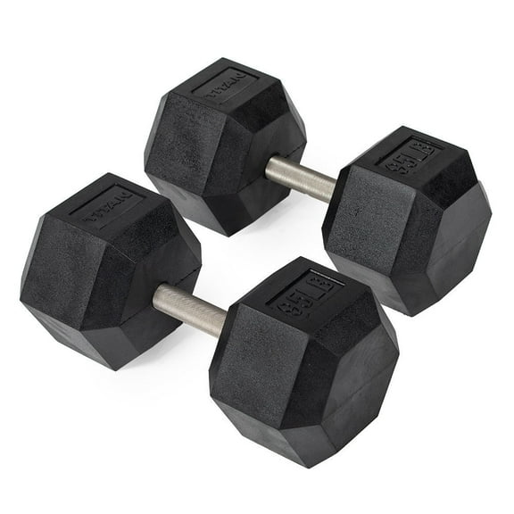 Titan Fitness 95 LB Pair Free Weights, Black Rubber Coated Hex Dumbbell, Straight Stainless Steel Handle, Strength Training, Full Body Workout