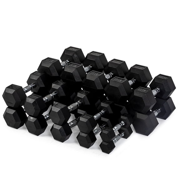 Titan Fitness Rubber Hex Dumbbells, 5 LB-50 LB Set of Pairs, Roll-Resistant Hexagonal Free Weights