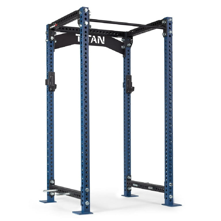 Titan Fitness TITAN Series 90 Navy Bolt Down Power Rack 36 Depth Rackable 2000 LB Cage 1.25 Pull Up Bar Crossmember Nameplate Roller J Hooks