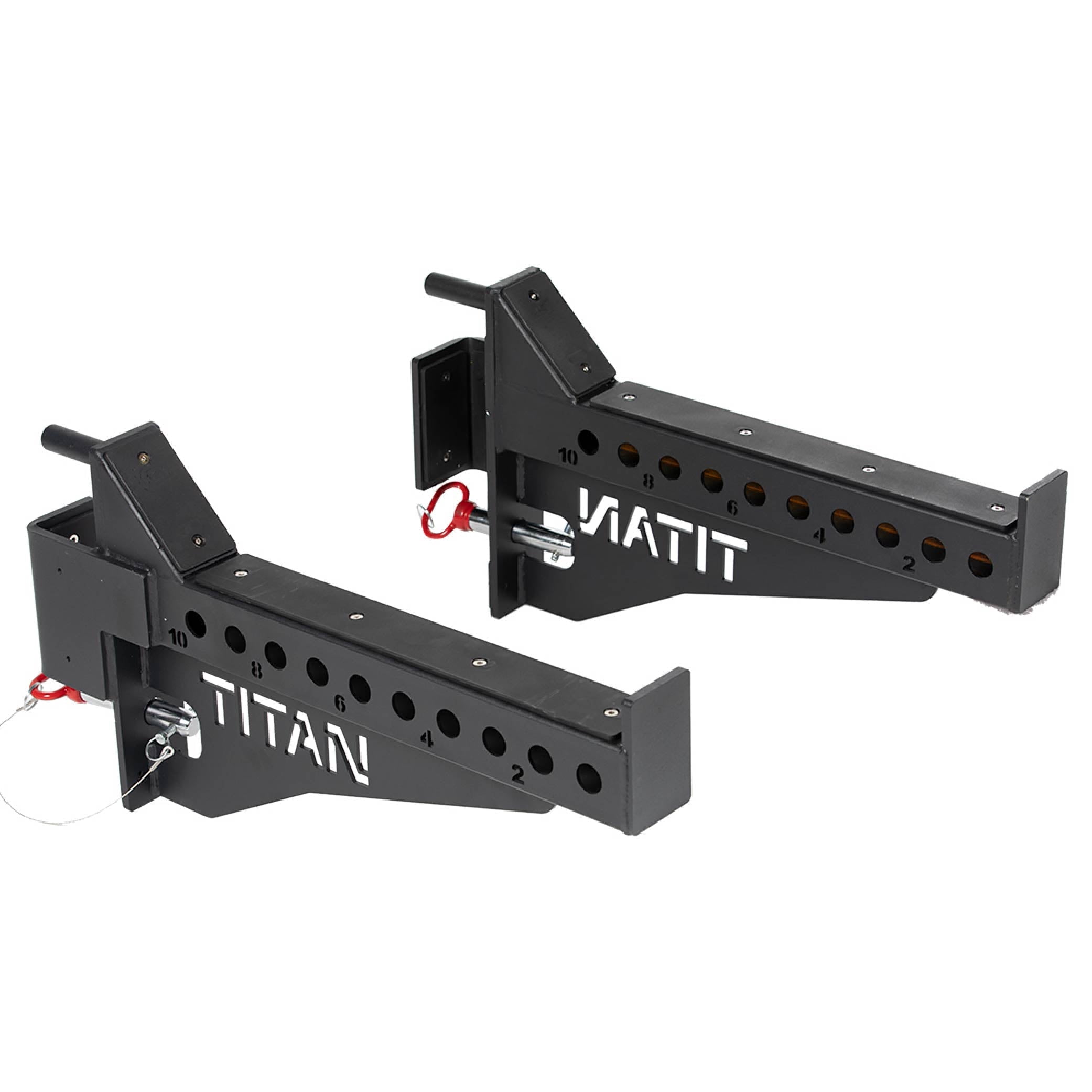 Titan Fitness Titan Series Flip-Down Safety Bars - 36 Inch Depth Spotter Arms, 3000 LB Capacity, Protective Plastic Liner For 3x3 Uprights Squat Rack