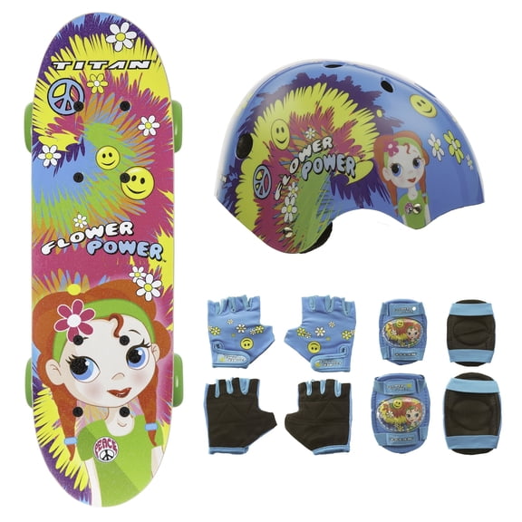 Titan Flower Power 17" Skateboard, Helmet And Padset Bunlde