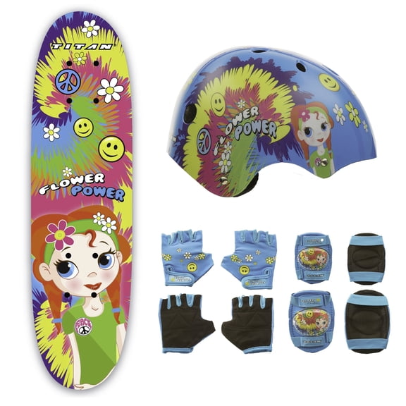 Titan Flower Power 24" Skateboard, Helmet And Padset Bunlde
