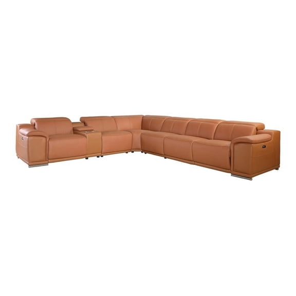 Titan Furnishings 7-Piece 1 Console 3-Power Reclining Leather Sectional in Brown