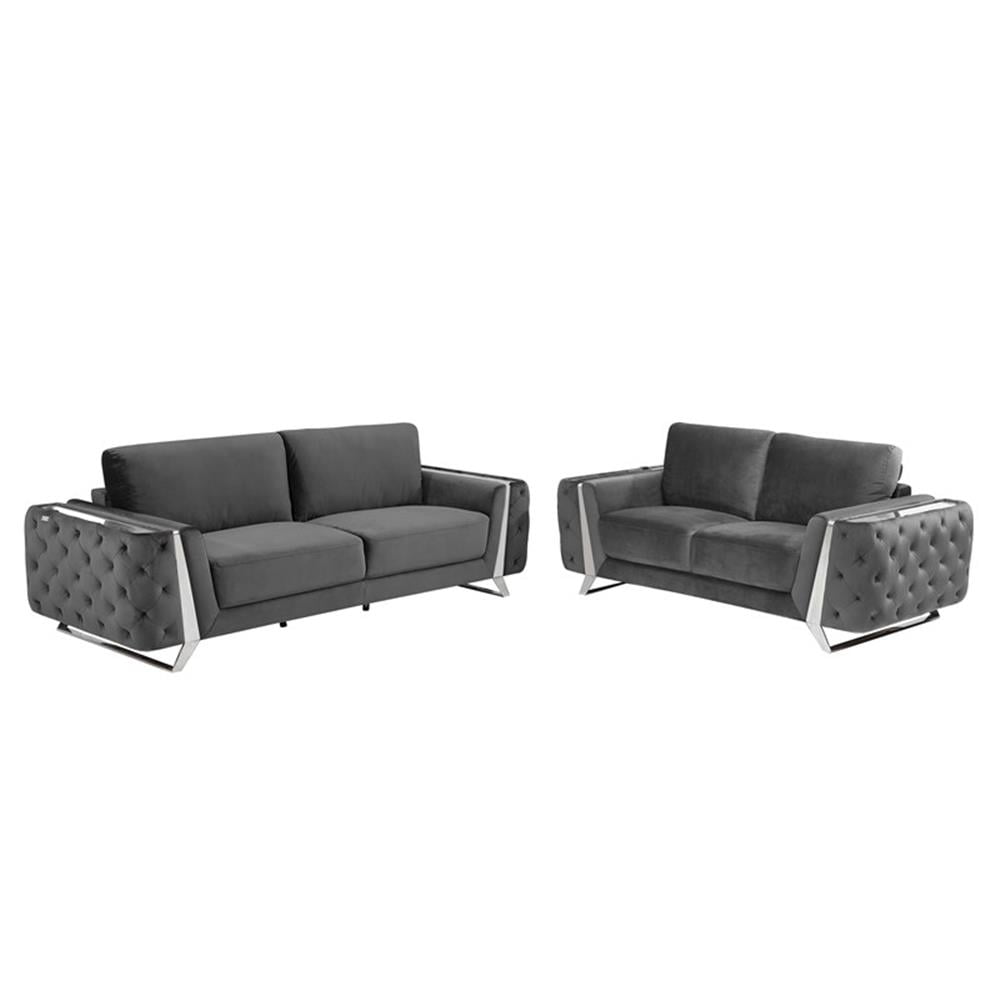 Contemporary Dark Gray Velvet Sofa Set with Stainless Steel Trim