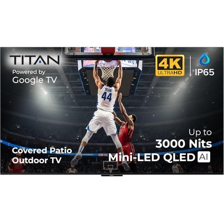 Titan G100 Mini-QLED 43 Inch Outdoor TV, Covered Patio, IP65 Smart Weatherproof TV, 4K HDR, 60 Hz, Google AI OS, 1000 Nits, Wi-Fi 5, Dolby Vision&Atmos, Outdoor TV Cover, Slim Bezel, 2 Yr Wty