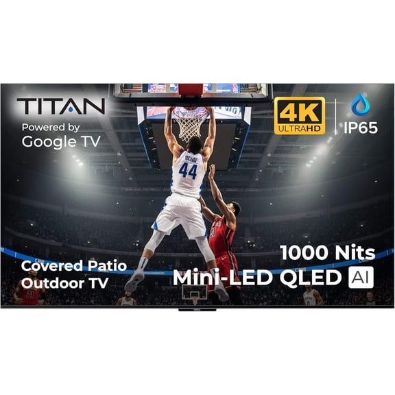 Titan G100 Mini-QLED 43 Inch Outdoor TV, Covered Patio, IP65 Smart Weatherproof TV, 4K HDR, 60 Hz, Google AI OS, 1000 Nits, Wi-Fi 5, Dolby Vision&Atmos, Outdoor TV Cover, Slim Bezel, 2 Yr Wty