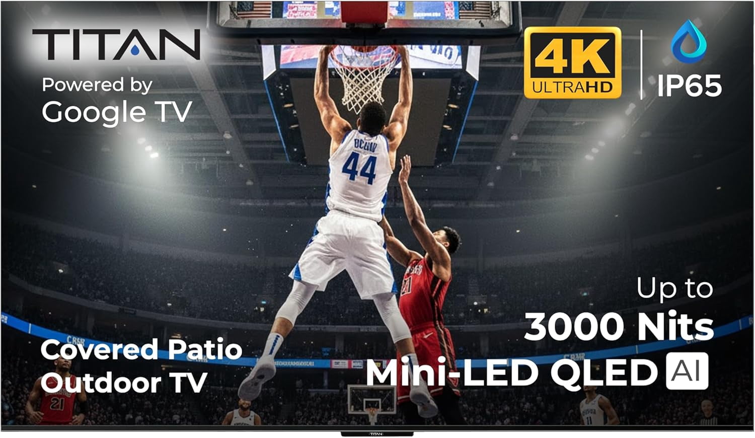Titan G100 Mini-QLED 85 Inch Outdoor TV, Covered Patio, IP65 Smart Weatherproof TV, 4K HDR, 144 Hz, Google AI OS, 1000 Nits, Wi-Fi 5, Dolby Vision&Atmos, Onkyo, Outdoor TV Cover, Slim Bezel, 2 Yr Wty