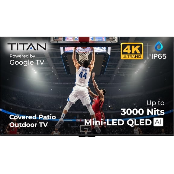 Titan G100 Mini-QLED 85 Inch Outdoor TV, Covered Patio, IP65 Smart Weatherproof TV, 4K HDR, 144 Hz, Google AI OS, 1000 Nits, Wi-Fi 5, Dolby Vision&Atmos, Onkyo, Outdoor TV Cover, Slim Bezel, 2 Yr Wty