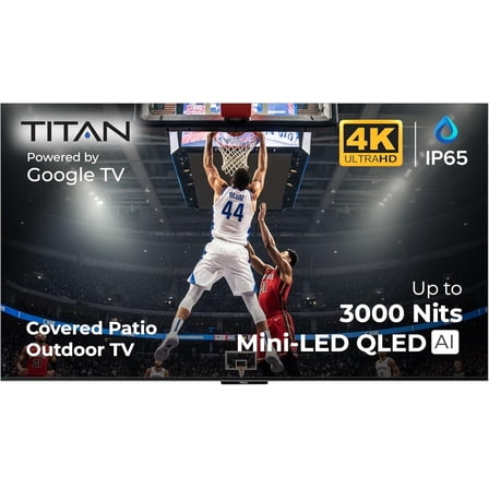 Titan G100 Mini-QLED 85 Inch Outdoor TV, Covered Patio, IP65 Smart Weatherproof TV, 4K HDR, 144 Hz, Google AI OS, 1000 Nits, Wi-Fi 5, Dolby Vision&Atmos, Onkyo, Outdoor TV Cover, Slim Bezel, 2 Yr Wty