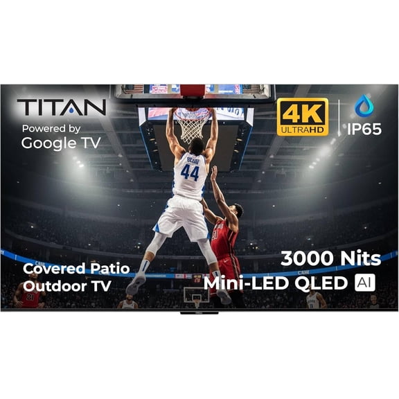 Titan G100 Mini-QLED 98 Inch Outdoor TV, Covered Patio, IP65 Smart Weatherproof TV, 4K HDR, 144 Hz, Google AI OS, 3000 Nits, Wi-Fi 5, Dolby Vision&Atmos, Onkyo, Outdoor TV Cover, Slim Bezel, 2 Yr Wty