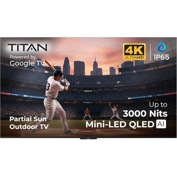 Titan G200 Mini-QLED 75 Inch Outdoor TV, Partial Sun, IP65 Smart Weatherproof TV, 4KHDR, 144Hz, Google AI OS, 3000Nits, Wi-Fi 5, Dolby Vision&Atmos, Bang&Olufsen, Outdoor TV Cover, SlimBezel, 2YrWty