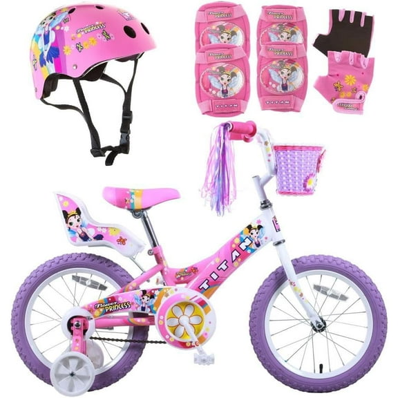 Titan Girl's Pink Flower Princess BMX Bike for 4-9 Years Girls with Training Wheels 16 Inch Kids Toddler Bicycle with Protective Elbow Knee Pads and a Small Size Helmet