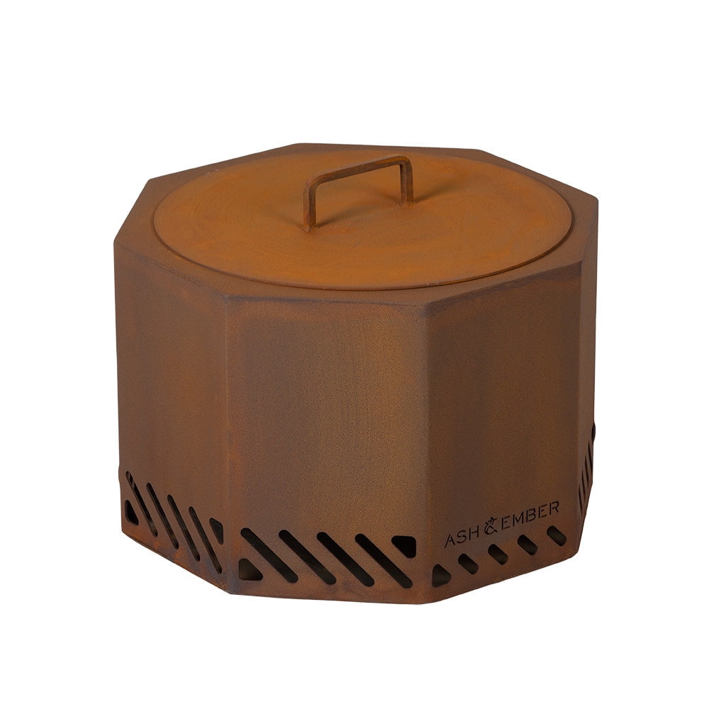 Titan Great Outdoors Corten Steel Dual Flame Smokeless Octagon Fire Pit with Lid, 13.25" x 21" Fire Pit, Patina Finish