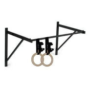 Titan HD Wall Mounted Pull Up Chin Up Bar with 8 in. Wood Olympic Gymnastic Rings - 1.5 in. W Heavy Duty Thick Straps & Buckle