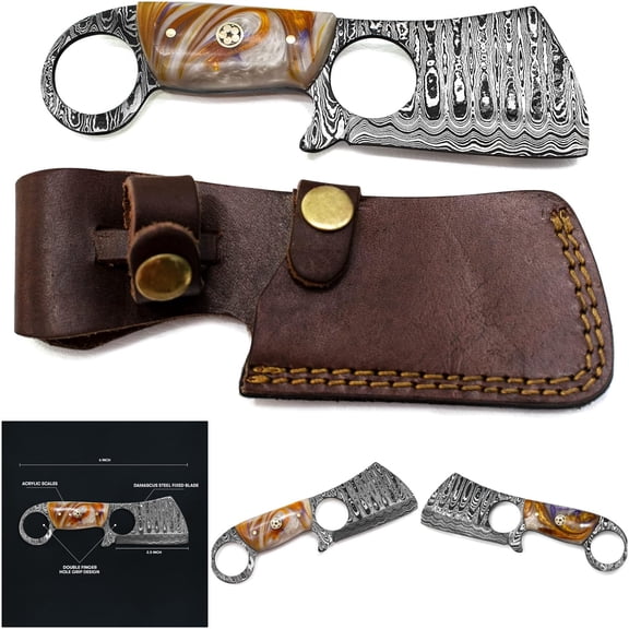 Titan International Knives Damascus Steel Mini Cleaver Fixed Blade Pocket Knife | 2.5 Inch V-Grind Blade | Ambidextrous Handle | Brown Acrylic