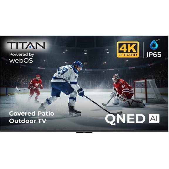 Titan L100 QNED 55 Inch Outdoor TV, Covered Patio, IP65 Smart Weatherproof TV, 4K HDR, 60 Hz, Web AI OS, Wi-Fi 5, Dolby Digital, Outdoor TV Cover, Slim Bezel, 2 Yr Wty