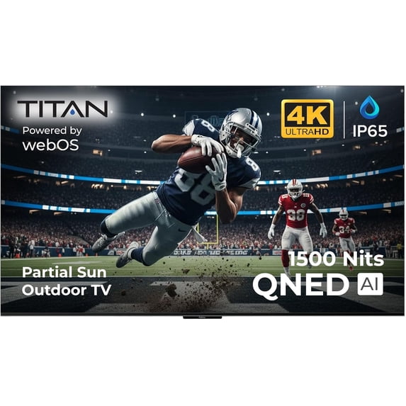Titan L200 QNED 100 Inch Outdoor TV, Partial Sun, IP65 Smart Weatherproof TV, 4K HDR, 120 Hz, Web AI OS, 1500 Nits, Wi-Fi 6E, Dolby Digital, Outdoor TV Cover, Slim Bezel, 2 Yr Wty