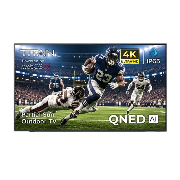 Titan L200 QNED 75 Inch Outdoor TV, Partial Sun, IP65 Smart Weatherproof TV, 4K HDR, 120 Hz, Web AI OS, Wi-Fi 6E, Dolby Digital, Outdoor TV Cover, Slim Bezel, 2 Yr Wty