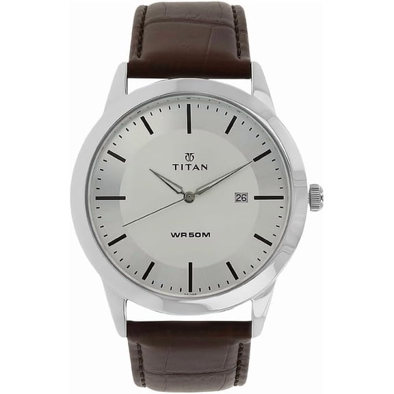 Titan Men's Analog Watch – Silver & White Dial, Brown Leather Strap, Quartz Movement, Water-Resistant, Autumn-Winter 25 Collection