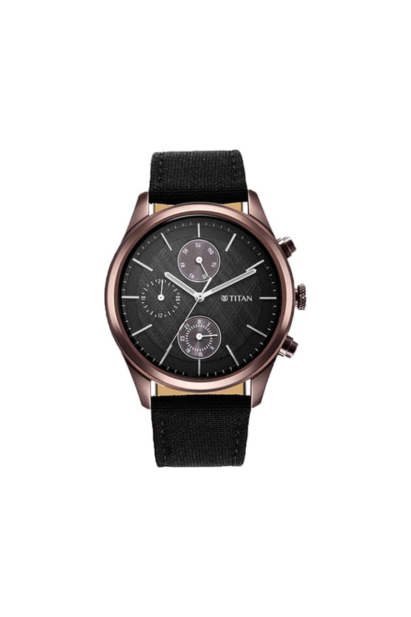 Mens Infinity Chrono Analog Watch: Precise Blue Dial, Rose Gold Highlights, Leather Strap-NS1805QP01