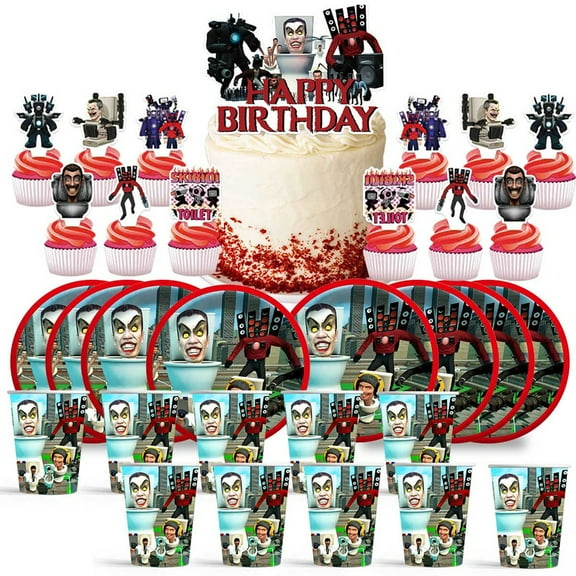 Titan TV Man Skibidi Toilet Birthday Decorations Plates Cups Party Supplies Fans Cake Topper Decor
