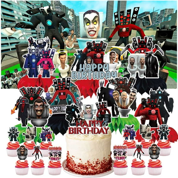 Titan TV Man Skibidi Toilet Party Decorations Decor Supplies Honeycomb Centerpieces Table Toppers Cake Toppers for Birthday Photo Props