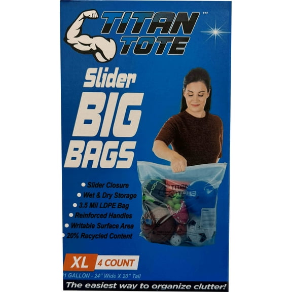 Titan Totes X-Large Christmas Storage Slider Big Bags with Handles, 11 Gallon, 4 Bags per Carton
