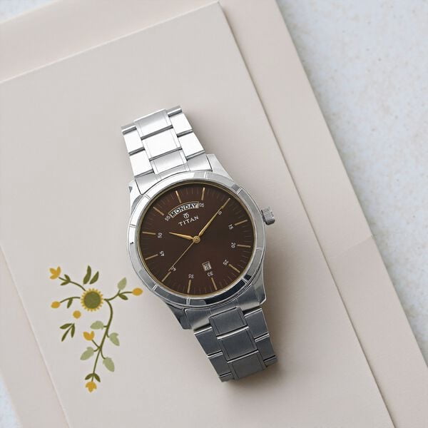 Titan Workwear Brown Dial Analog with Day and Date Stainless Steel Strap Watch for Men