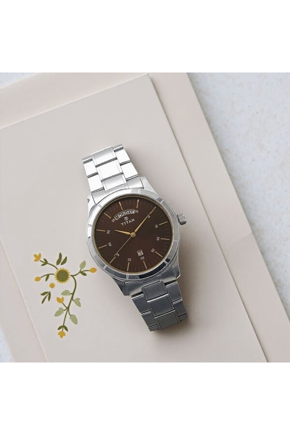 Workwear Brown Dial Analog with Day and Date Stainless Steel Strap Watch for Men