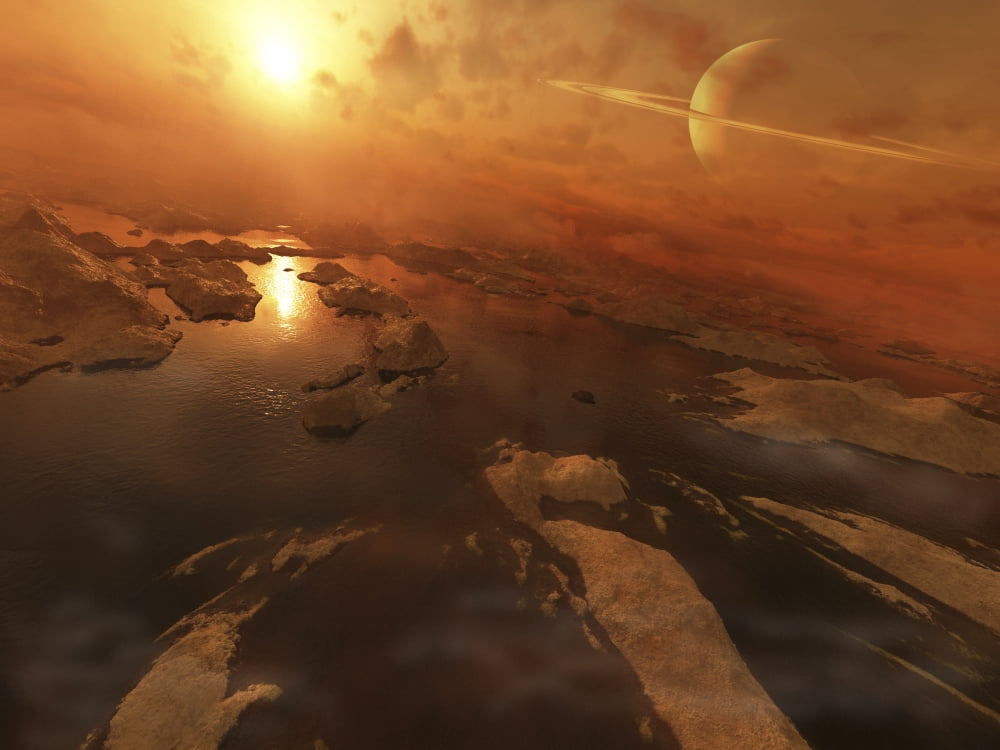 Titan boasts liquid hydrocarbon lakes at its north pole Canvas Art - Steven HobbsStocktrek Images (16 x 12)