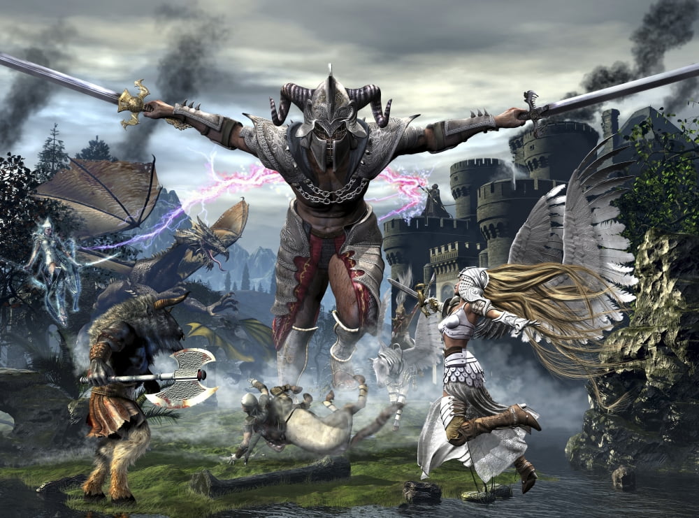 Titan trying to defeat a legion of magical and powerful creatures Canvas Art - Kurt MillerStocktrek Images (33 x 25)