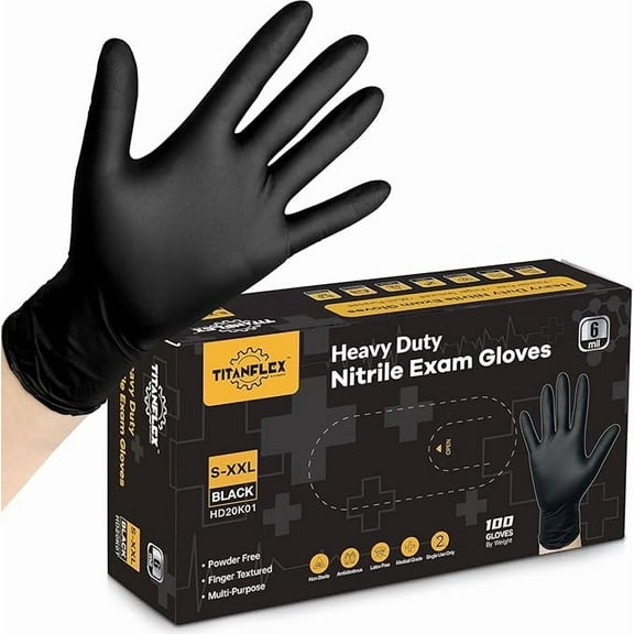 TitanFlex Disposable Nitrile Exam Gloves, 6-mil, Black, XL 100-ct Box, Heavy Duty, for Cooking, Mechanics, Latex Free, Food Safe Rubber for Food Prep