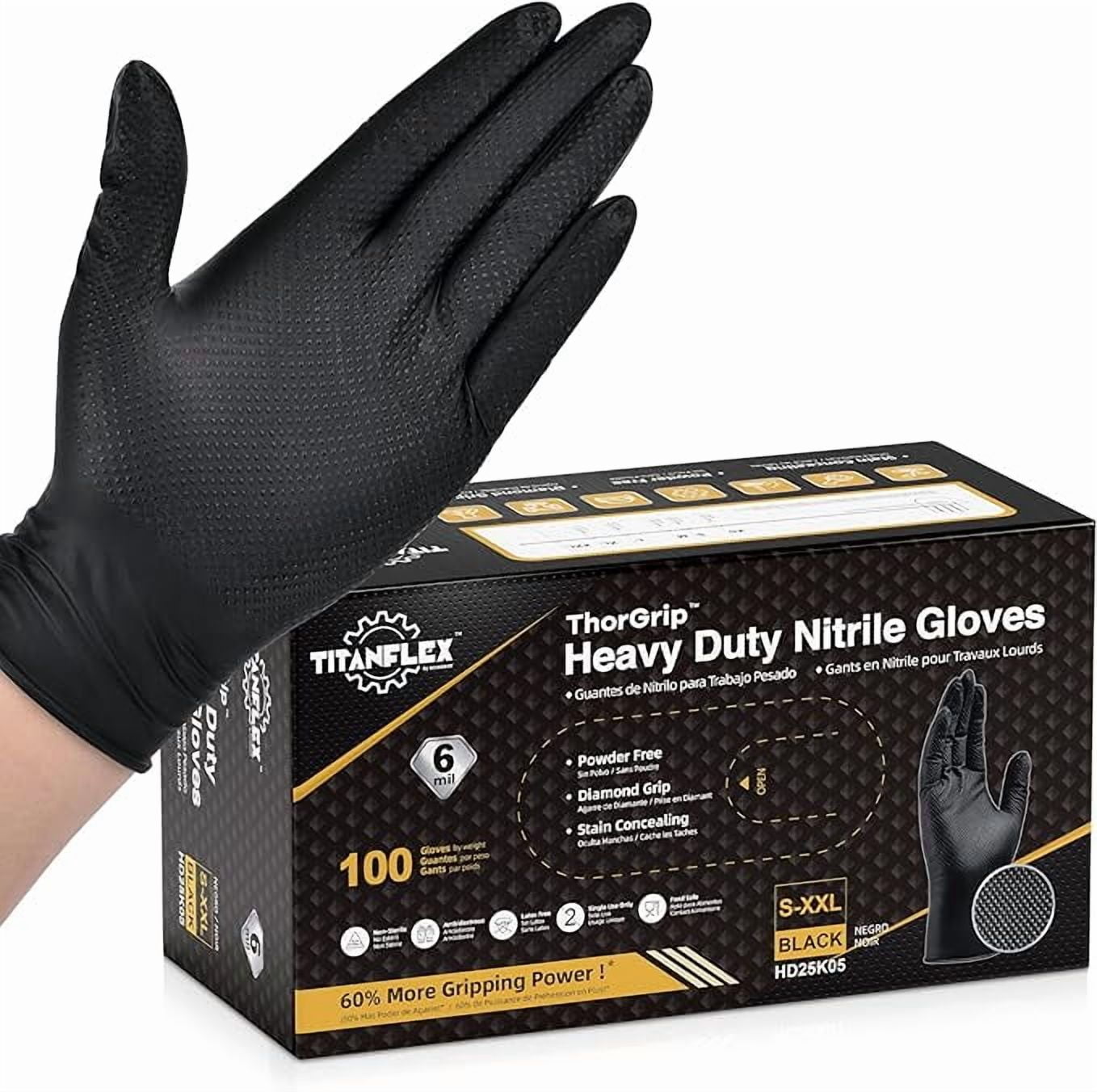 TitanFlex Heavy Duty Black Nitrile Gloves, Large, 6 Mil with Raised Diamond Texture, Industrial Work Gloves Disposable Latex Free, Powder Free, Mechanic Disposable Gloves (Box of 100)