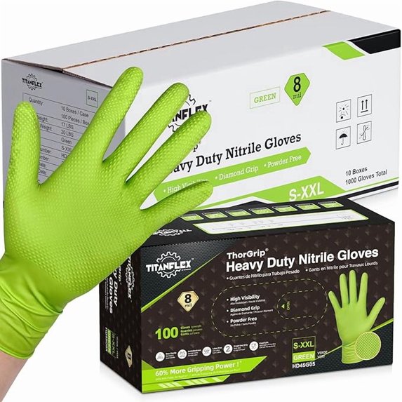 TitanFlex Heavy Duty Green Industrial Nitrile Gloves, 8-mil, XL, Case of 1000, Latex Free, Raised Diamond Texture Grip, Powder Free, Food Safe, Mechanic Gloves