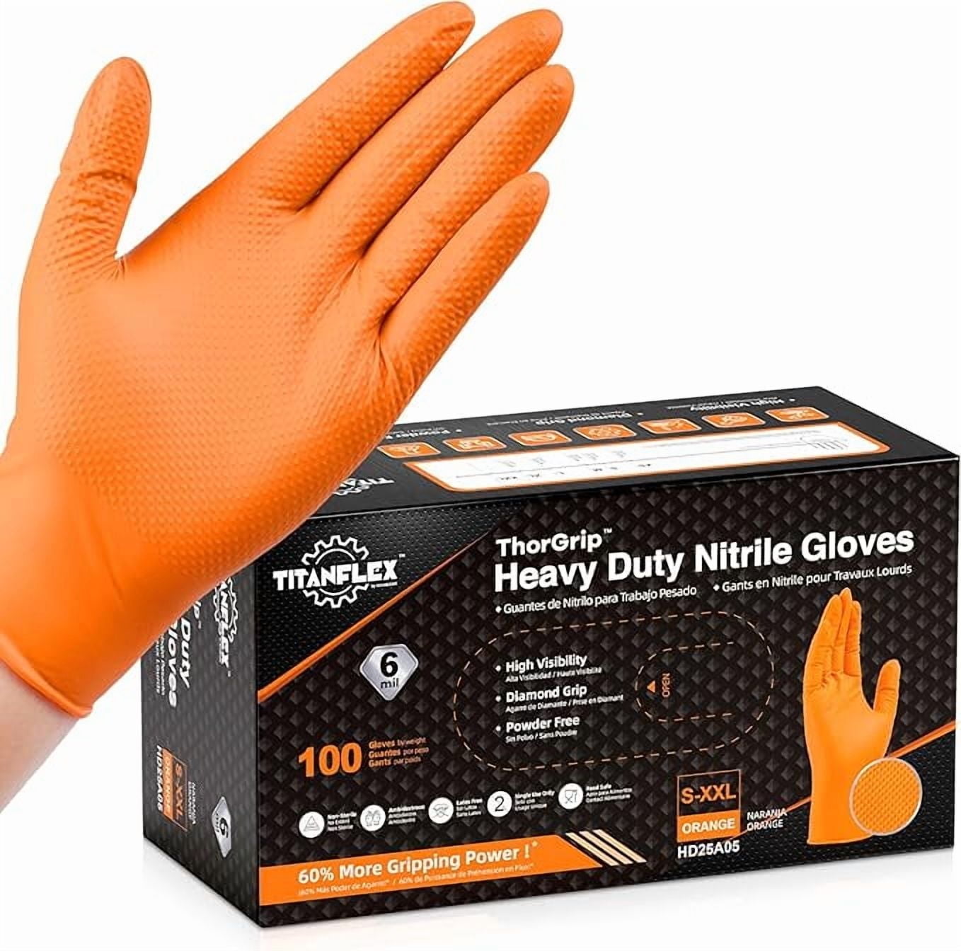 TitanFlex Heavy Duty Orange Nitrile Gloves, 6 Mil, X-Large, Industrial Raised Diamond Texture, Work Gloves Disposable Latex Free, Powder Free, Chemical Resistant, Mechanic Gloves(Box of 100)