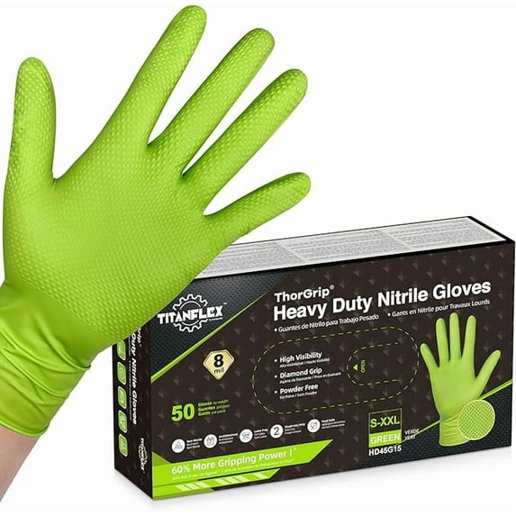TitanFlex ThorGrip Heavy Duty Green Industrial Nitrile Gloves, 8-mil, Large, Box of 50, Latex Free, Raised Diamond Texture Grip, Powder Free, Food Safe, Rubber Gloves, Mechanic Gloves