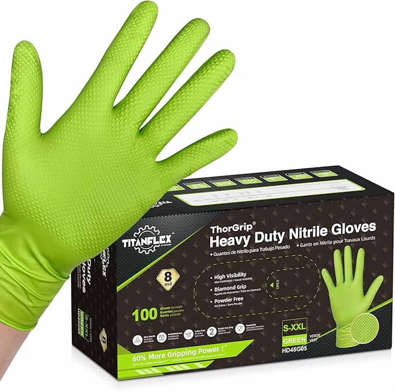 TitanFlex ThorGrip Heavy Duty Green Industrial Nitrile Gloves, 8-mil, Medium, Box of 100, Latex Free, Raised Diamond Texture Grip, Powder Free, Food Safe, Rubber Gloves, Mechanic Gloves