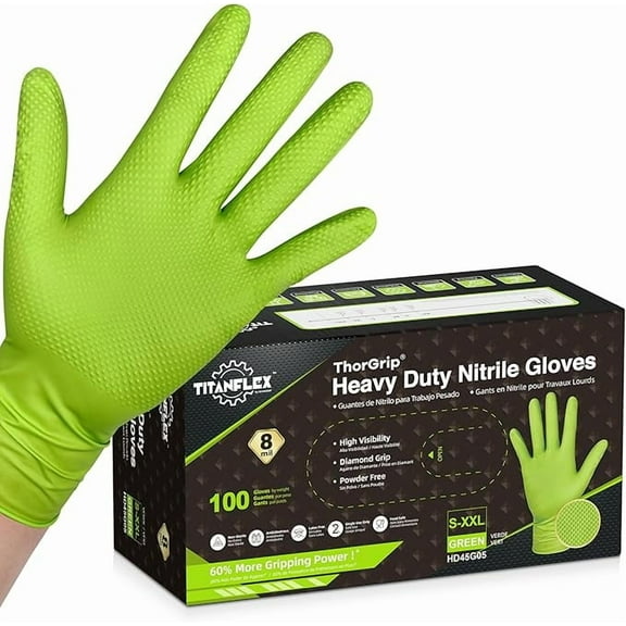 TitanFlex ThorGrip Heavy Duty Green Industrial Nitrile Gloves, 8-mil, Medium, Box of 100, Latex Free, Raised Diamond Texture Grip, Powder Free, Food Safe, Rubber Gloves, Mechanic Gloves