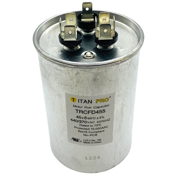 TitanPro TRCFD455 HVAC Round Dual Motor Run Capacitor. 45/5 MFD/UF440/370 Volts