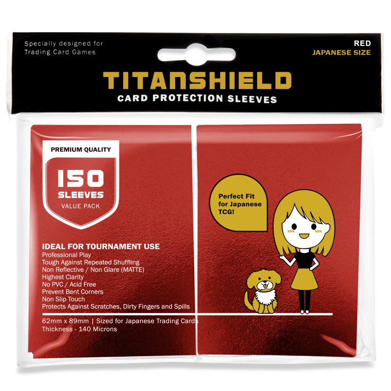 TitanShield (150 Sleeve/Red) Small Japanese Sized Trading Card Sleeves Deck Protector for Yu-Gi-Oh, Cardfight!! Vanguard & More TitanShield (150 Sleeve/Red) Small Japanese Sized Trading Card Sleeves Deck Protector for Yu-Gi-Oh, Cardfight!! Vanguard & More