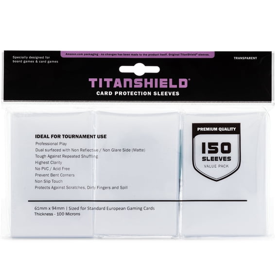 TitanShield (150 Sleeves) Clear Standard European Size Board Game and Matte Card Sleeves 61x94mm