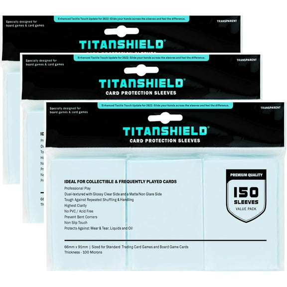 TitanShield [3-Pack 450 Sleeves Bundle] Premium Clear Card Sleeves Compatible with Standard Sized Board Games, MTG Magic The Gathering, Pokemon, Lorcana and Trading Cards 2.5" x 3.5" 66x91mm
